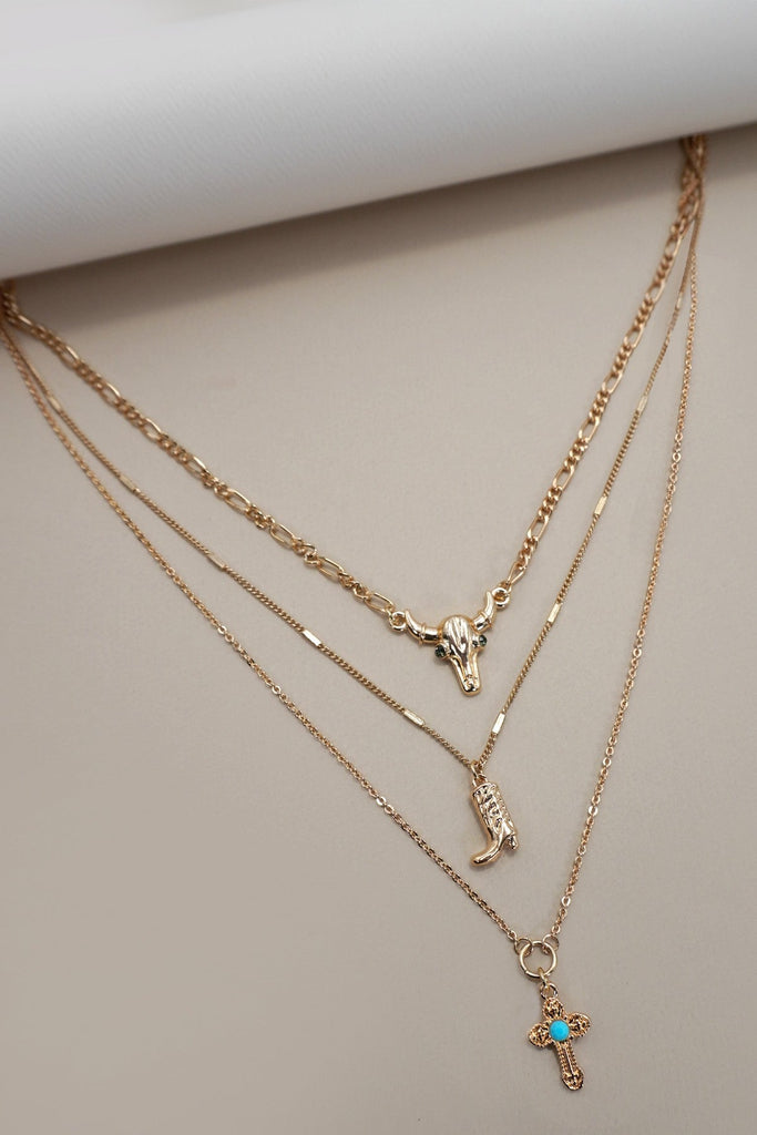 BULL HEAD BOOT CROSS CHARM LAYERED NECKLACE | 80N1262