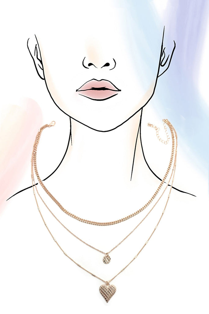 CHECKER ENGRAVED HEART CHARM LAYERED NECKLACE | 80N1294