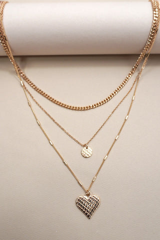 CHECKER ENGRAVED HEART CHARM LAYERED NECKLACE | 80N1294
