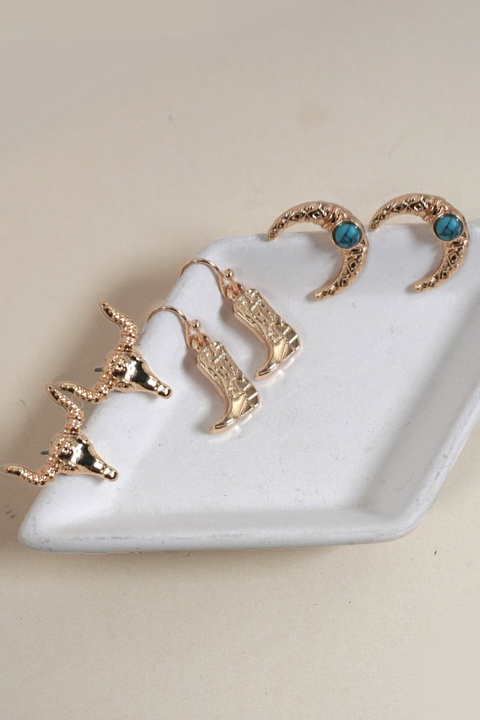 WESTERN BULL HEAD HORN BOOTS TRIO EARRINGS | 80E6035