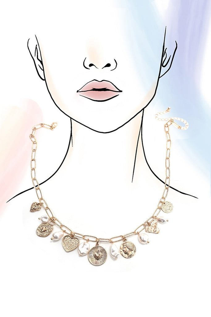 CHARM NECKLACE-HEART PEARL COIN CHARMS | 80N91402