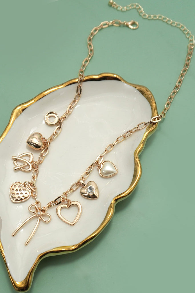 CHARM NECKLACE-BOW MULTI HEARTS PEARL CHARMS | 80N91426