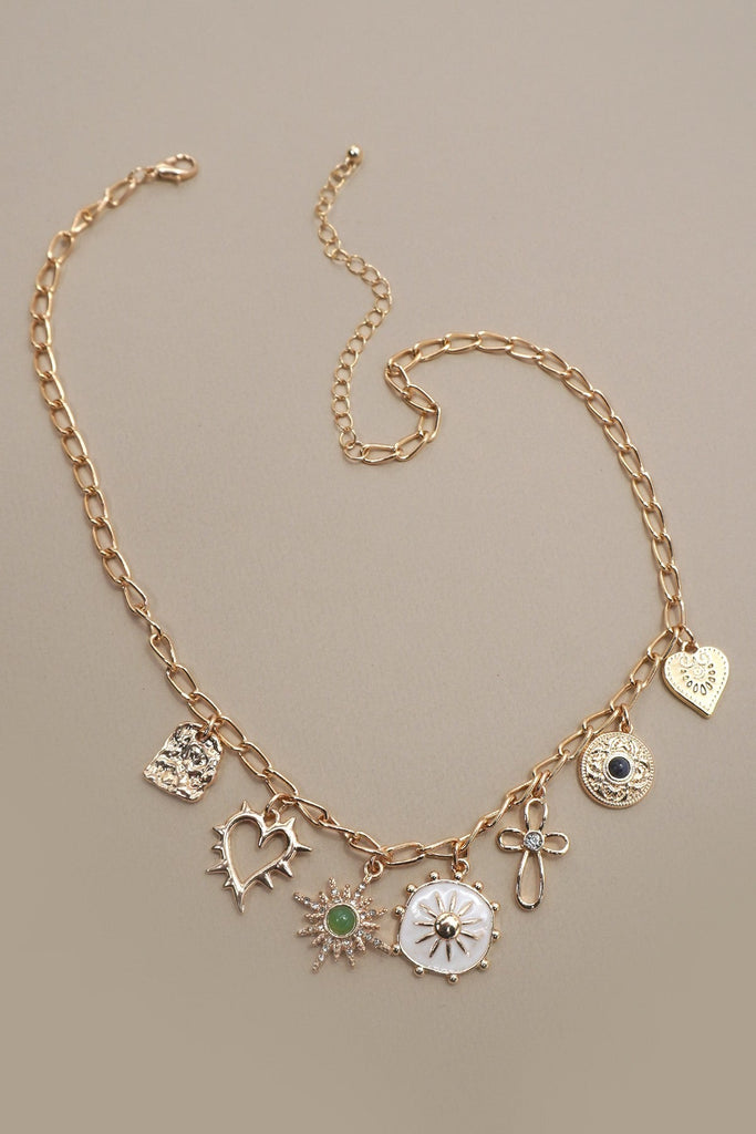 CHARM NECKLACE-HEART CROSS SUNBURST STONE | 80N91423
