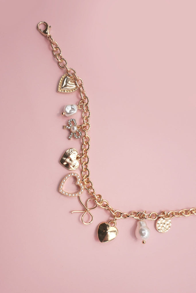 CHARM BRACELET-BOW HEART PEARL DISC CHARMS | 80B1290