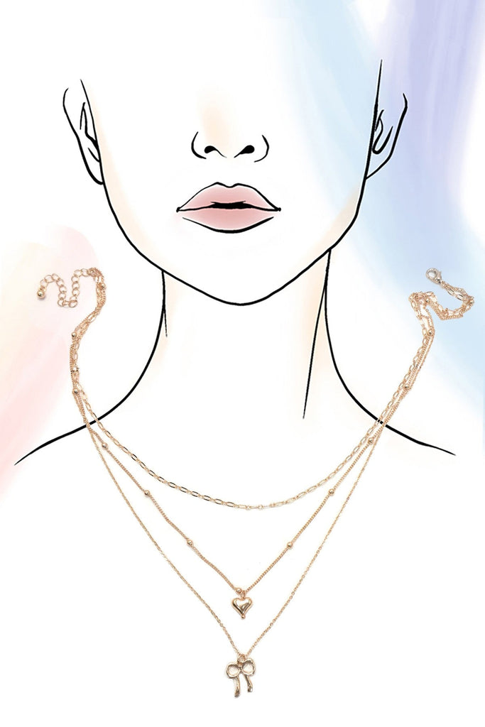 MULTI LAYER BOW HEART CHARM DROP NECKLACE | 80N91464