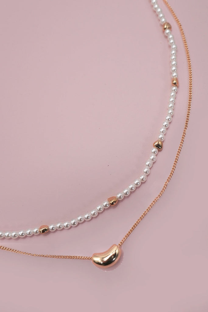 DOUBLE LAYER PEARL GOLD CHAIN BEAN CHARM NECKLACE | 80N91459