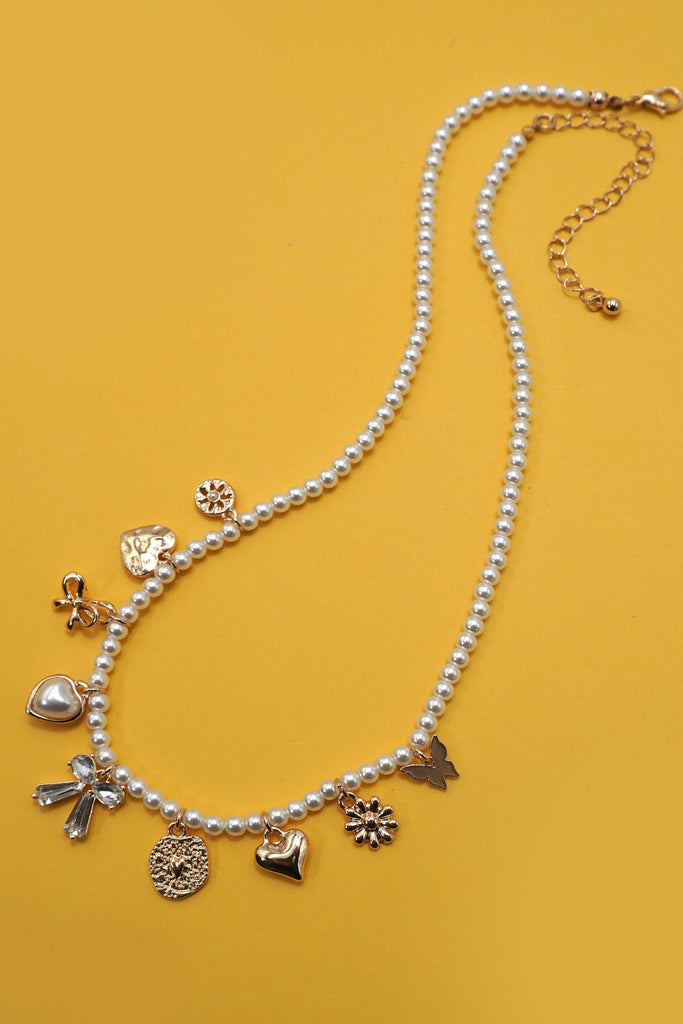 CHARM NECKLACE-BOW SUNFLOWER HEART PEARL CHAIN | 80N91452