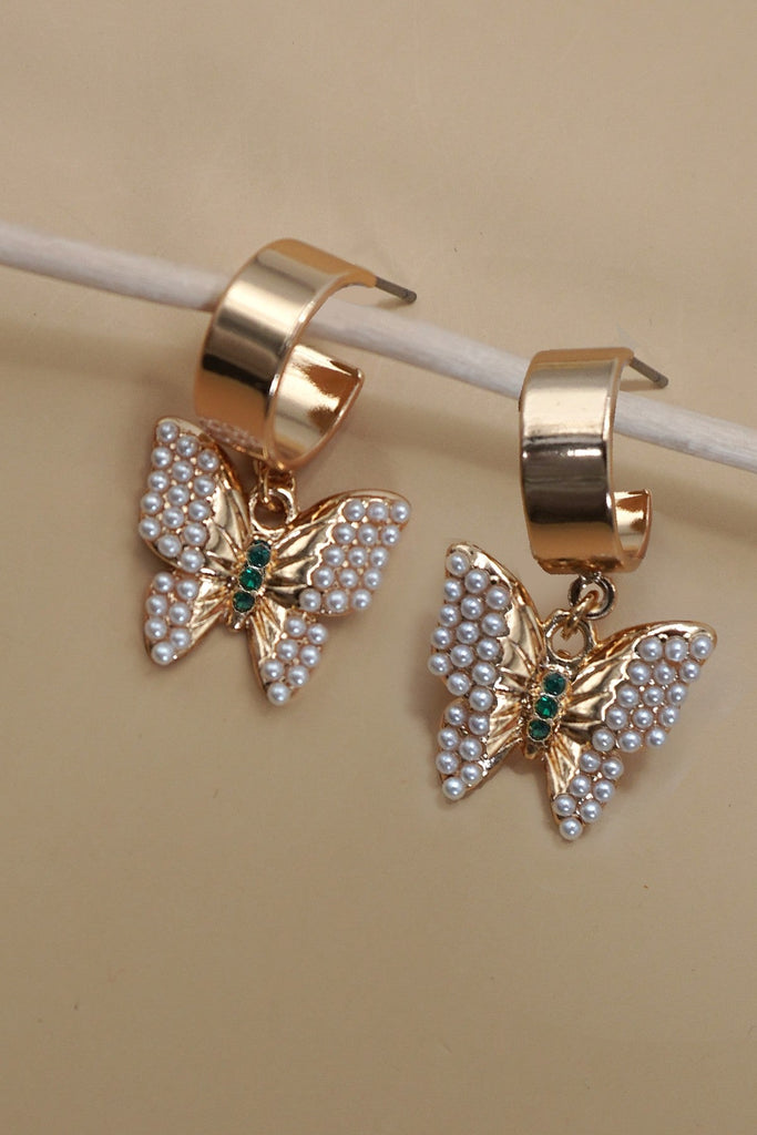 PEARL PAVE BUTTERFLY DROP HUGGIE HOOP EARRINGS | 31E50201