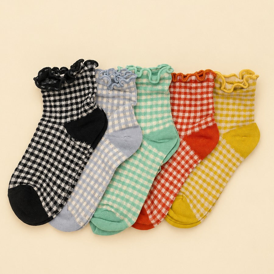 Vintage Gingham Plaid Lettuce Trim Crew Socks | 40S02098