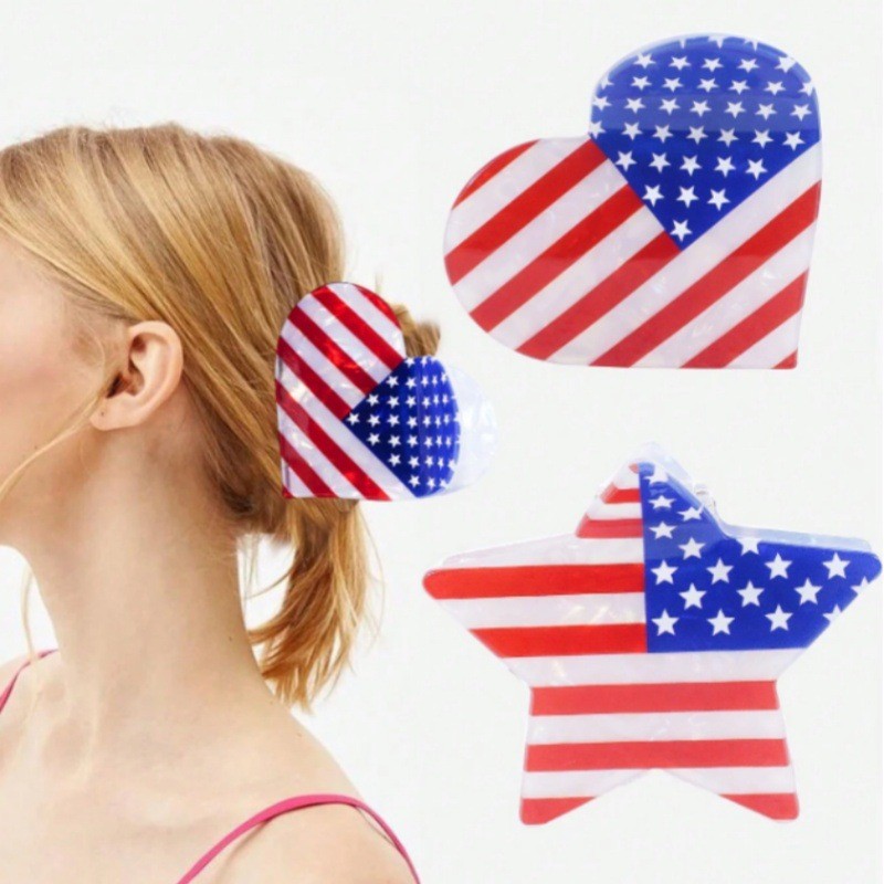 USA FLAG 4TH OF JULY STAR HEART HAIR CLAW  CLIPS | 40H897