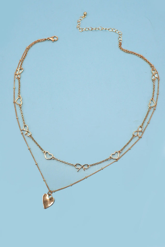 BOW HEART STATION DOUBLE LAYER HEART NECKLACE | 80N91485
