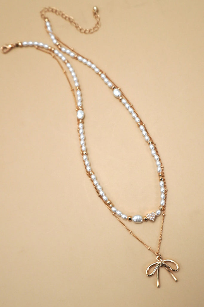 PEARL HEART BOW BALL CHAIN DOUBLE LAYER NECKLACE | 80N91480