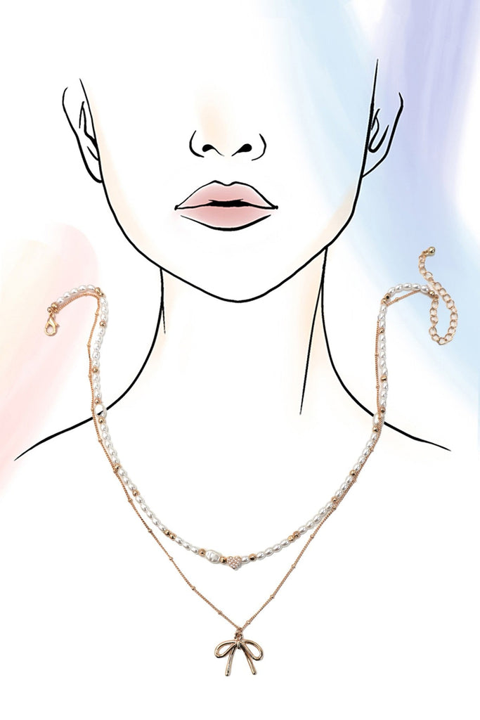 PEARL HEART BOW BALL CHAIN DOUBLE LAYER NECKLACE | 80N91480