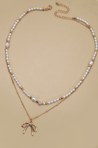 PEARL HEART BOW BALL CHAIN DOUBLE LAYER NECKLACE | 80N91480
