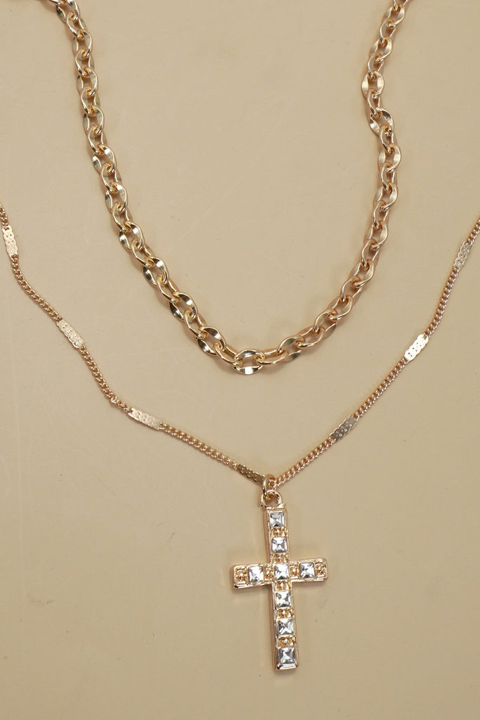DOUBLE LAYER RHINESTONE CROSS NECKLACE | 80N91491
