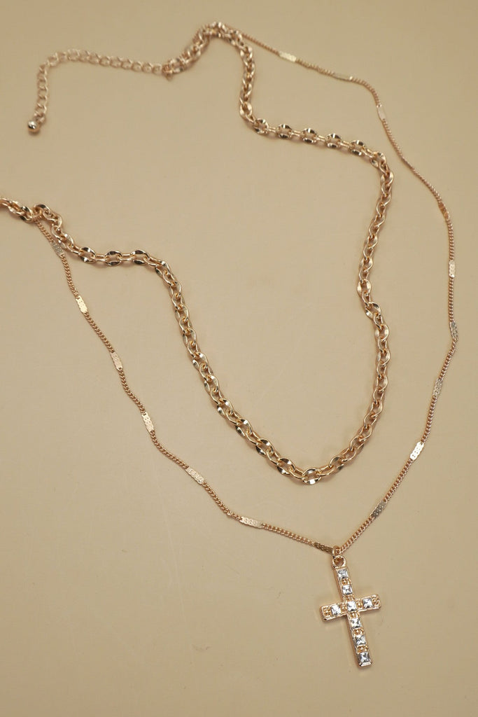 DOUBLE LAYER RHINESTONE CROSS NECKLACE | 80N91491