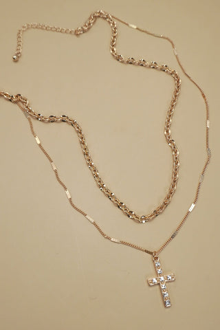 DOUBLE LAYER RHINESTONE CROSS NECKLACE | 80N91491