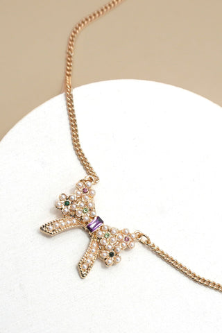 PEARL RHINESTONE PAVE BOW CHARM NECKLACE | 31N50315
