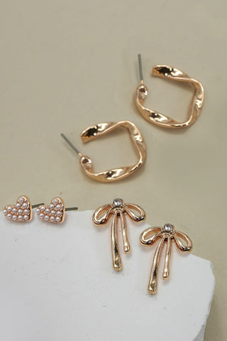 PEARL PAVE HEART BOW TWISTED HOOP TRIO EARRINGS | 80E6396