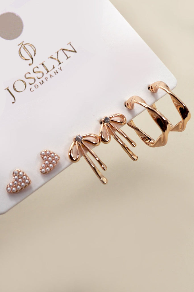 PEARL PAVE HEART BOW TWISTED HOOP TRIO EARRINGS | 80E6396