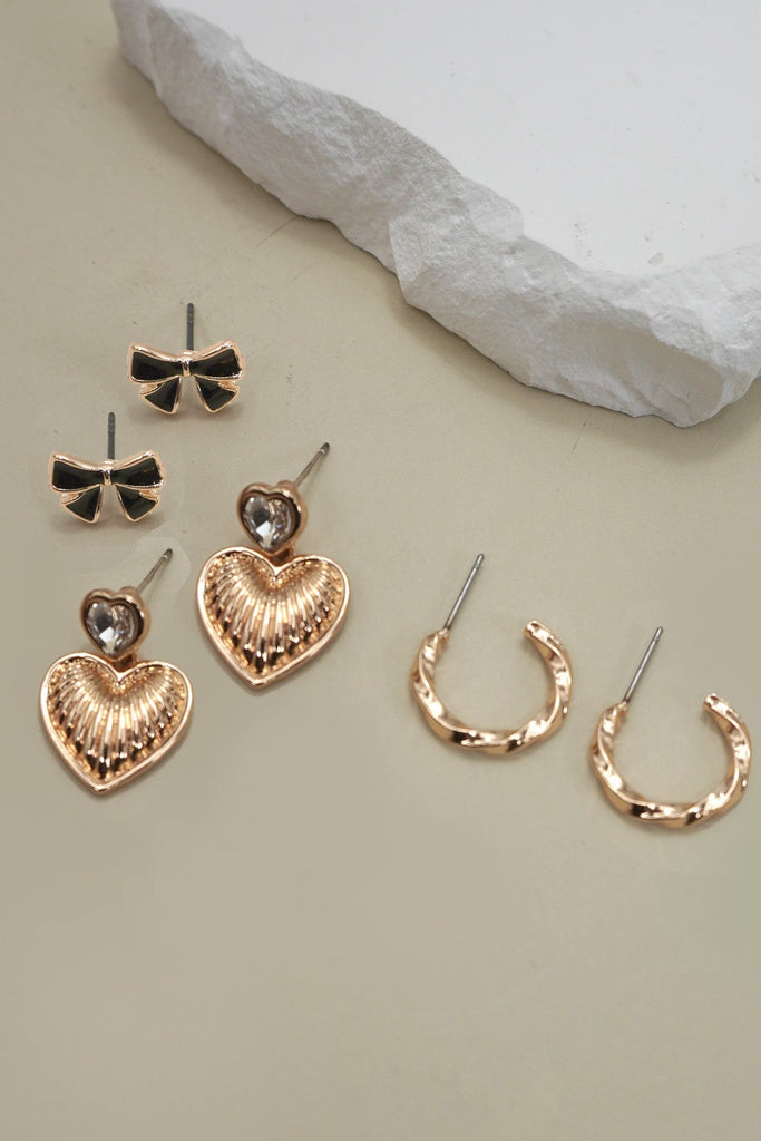 EPOXY BOW STONE HEART DROP TRIO EARRINGS | 80E6395