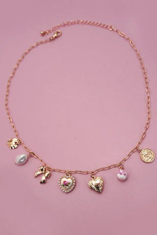 CERAMIC PORCELAIN BOW HEART CHARM LINK NECKLACE | 80N91546