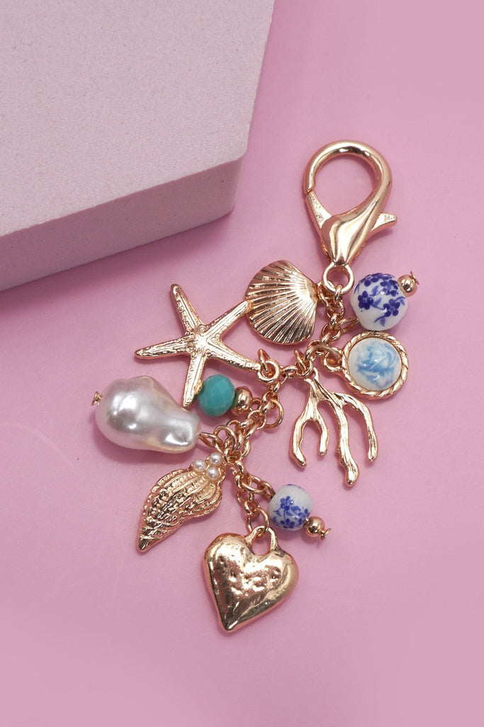 PORCELAIN SEA LIFE PEARL HEART TURQ BEAD BAG CHARM | 80K009