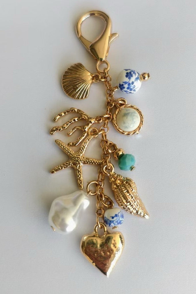 PORCELAIN SEA LIFE PEARL HEART TURQ BEAD BAG CHARM | 80K009