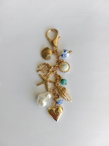 PORCELAIN SEA LIFE PEARL HEART TURQ BEAD BAG CHARM | 80K009