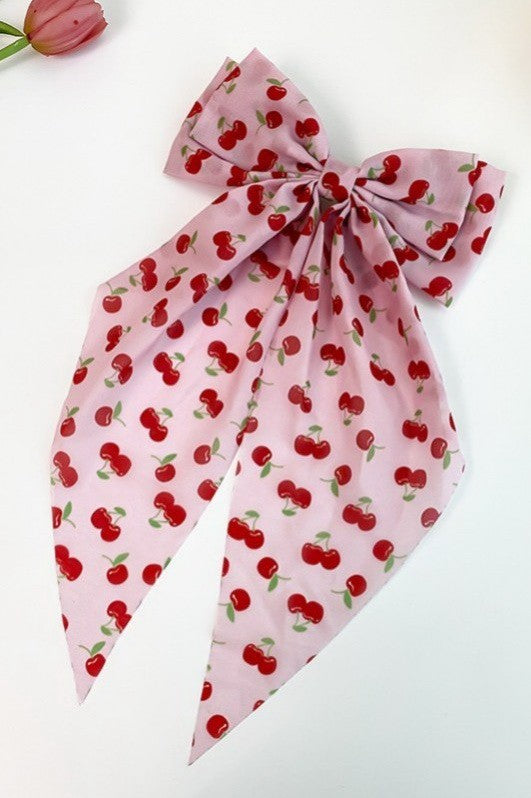 TRENDING CHERRY ON A PINK BOW RIBBON HAIR CLIPS | 40H904