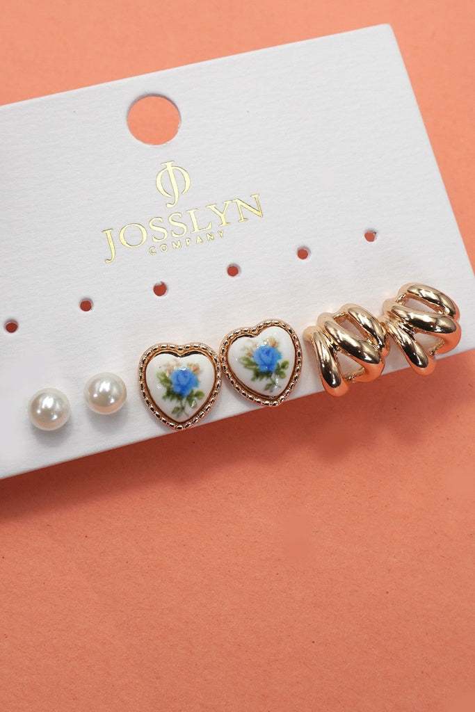 HEART FLORAL PORCELAIN STUD HOOP TRIO EARRINGS | 80E6484