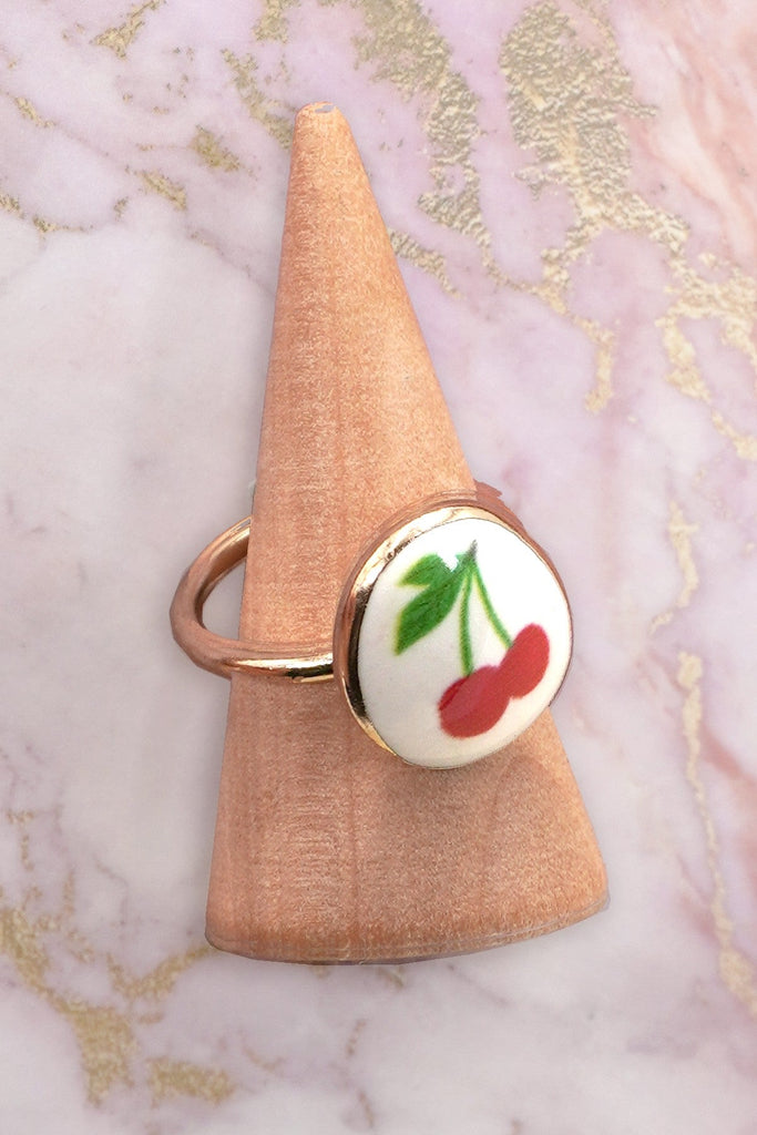 PORCELAIN GOLD EDGED CHERRY CHARM RING | 80R030