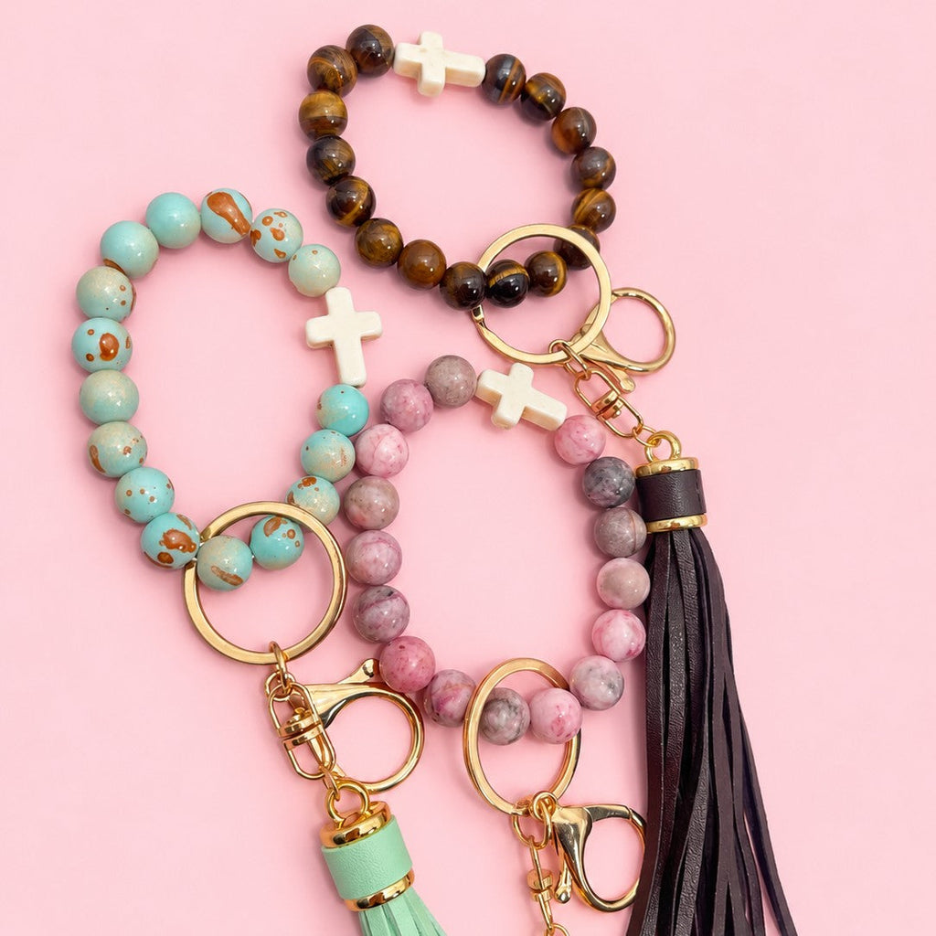 Natural Stone Beaded Key Ring Wristlet Bracelet | 40KC207