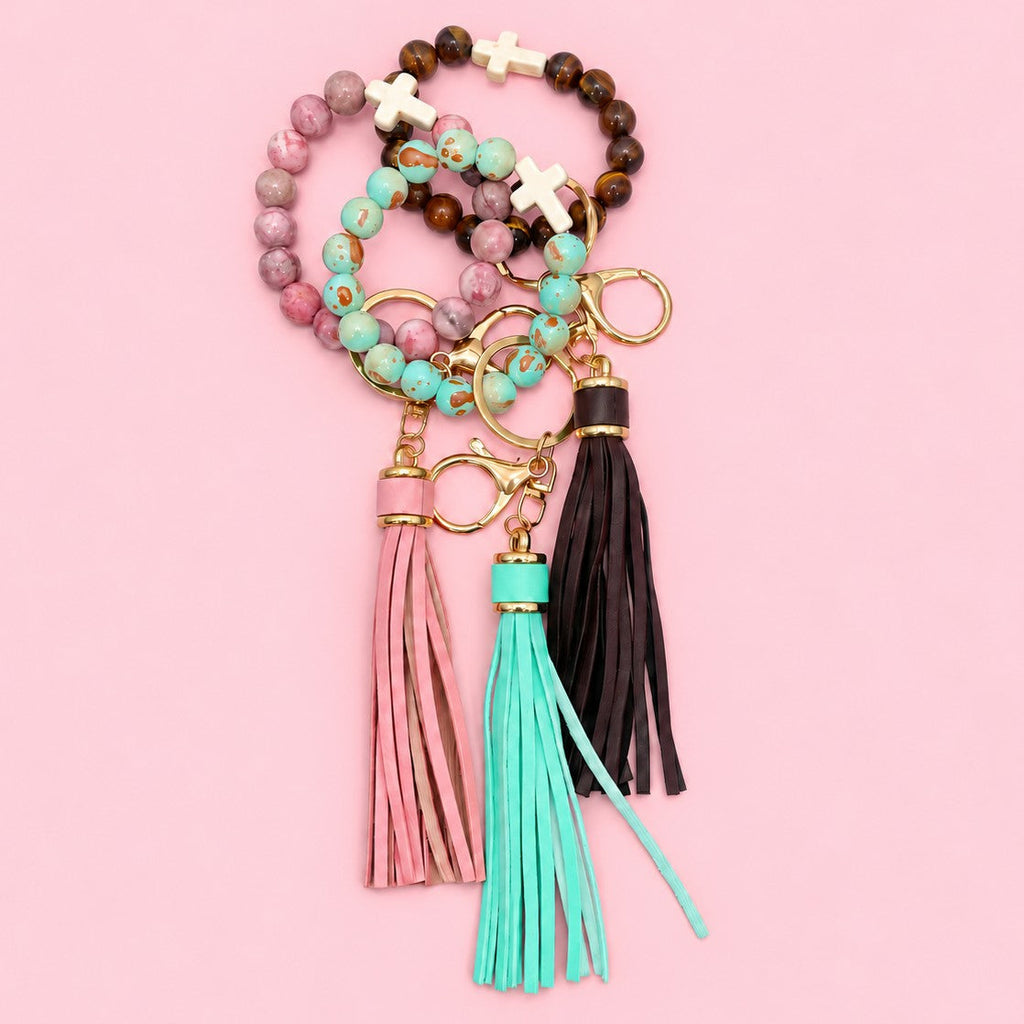 Natural Stone Beaded Key Ring Wristlet Bracelet | 40KC207