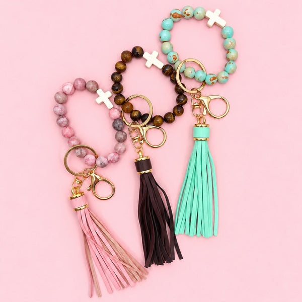 Natural Stone Beaded Key Ring Wristlet Bracelet | 40KC207