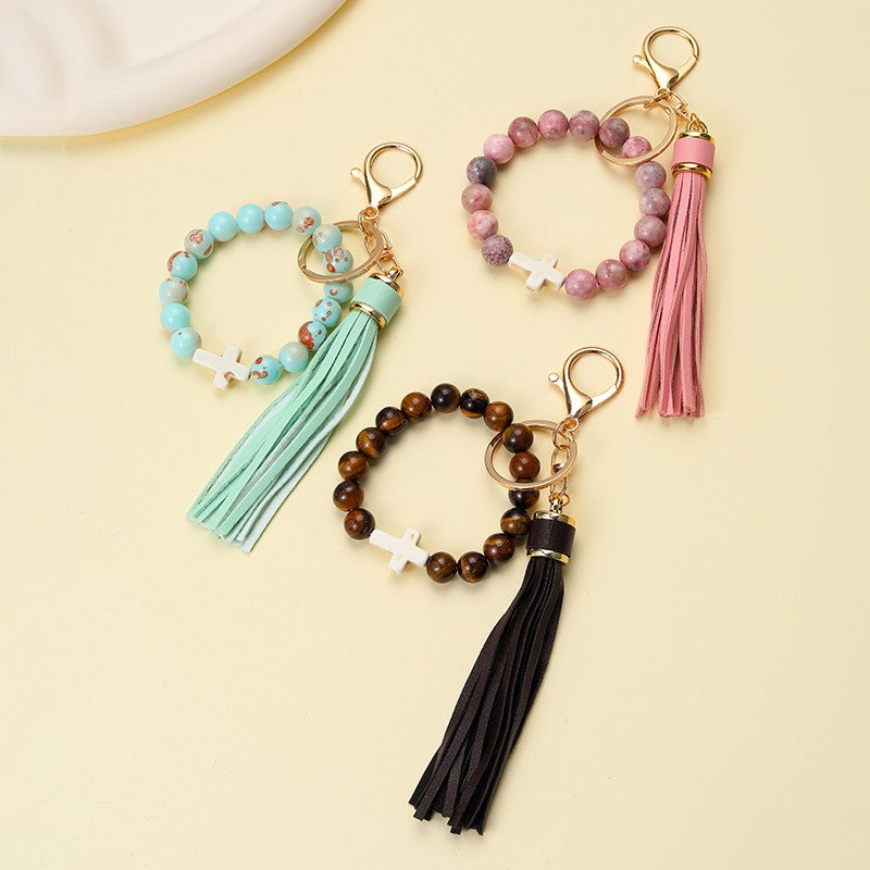 Natural Stone Beaded Key Ring Wristlet Bracelet | 40KC207
