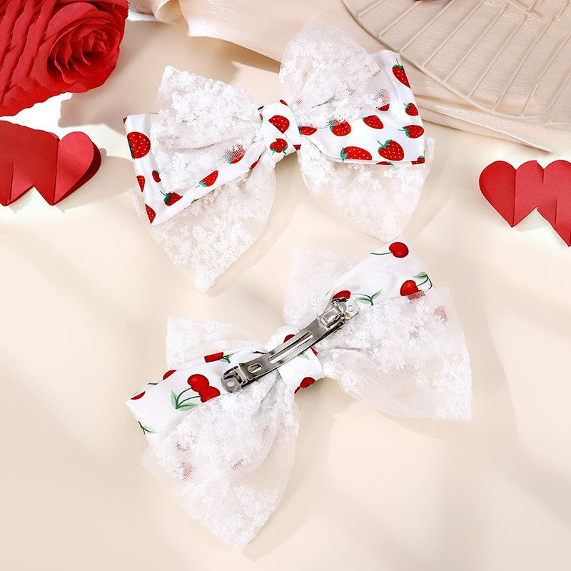 LARGE LACE STRAWBERRY BOW RIBBON HAIR CLIPS | 40H911