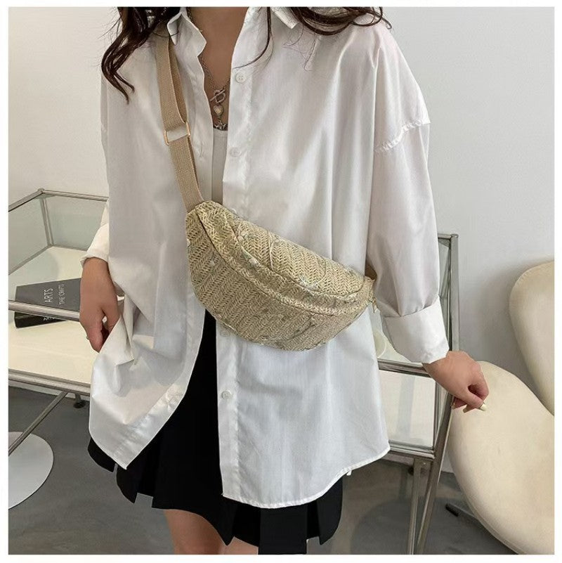 RAFFIA STRAW WAIST FANNY PACK CROSSBODY BELT BAG | 40P559
