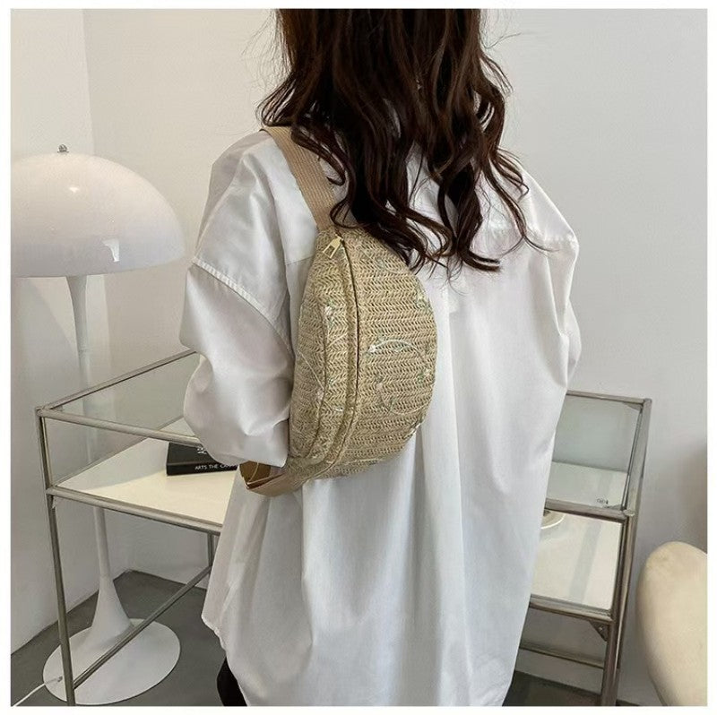 RAFFIA STRAW WAIST FANNY PACK CROSSBODY BELT BAG | 40P559