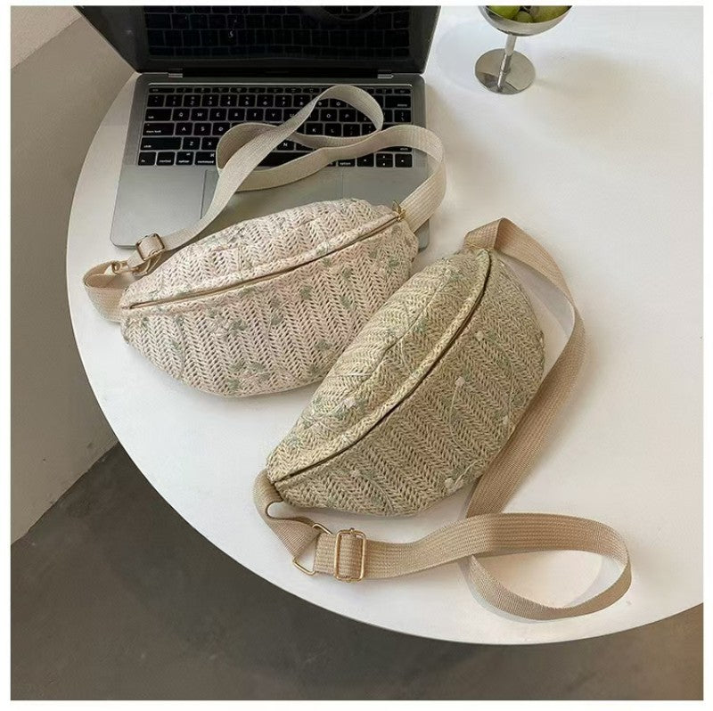 RAFFIA STRAW WAIST FANNY PACK CROSSBODY BELT BAG | 40P559