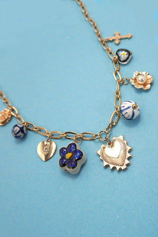 BLUE CERAMIC PORCELAIN HEART CROSS CHARM NECKLACE | 80N91624