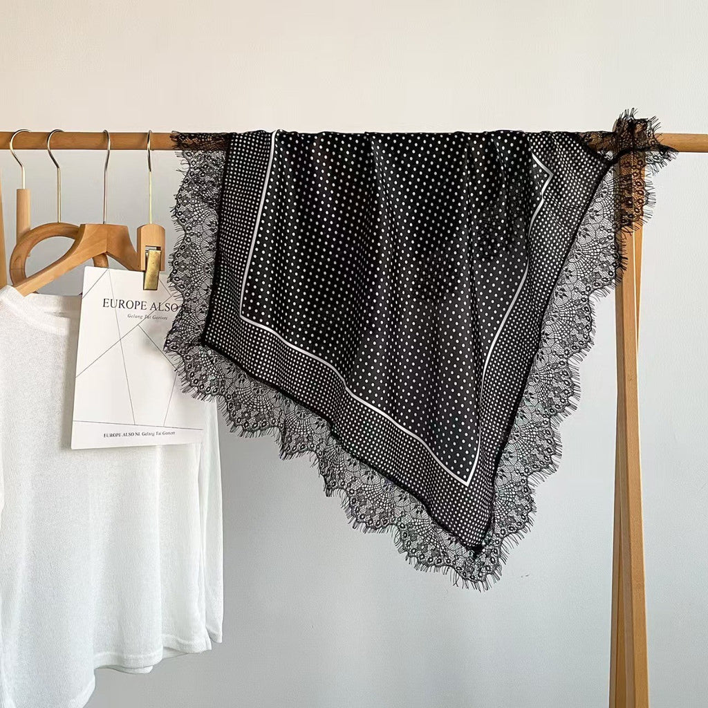 Patterned Silk-Feel Lace Trim Square Scarf | 40SC774