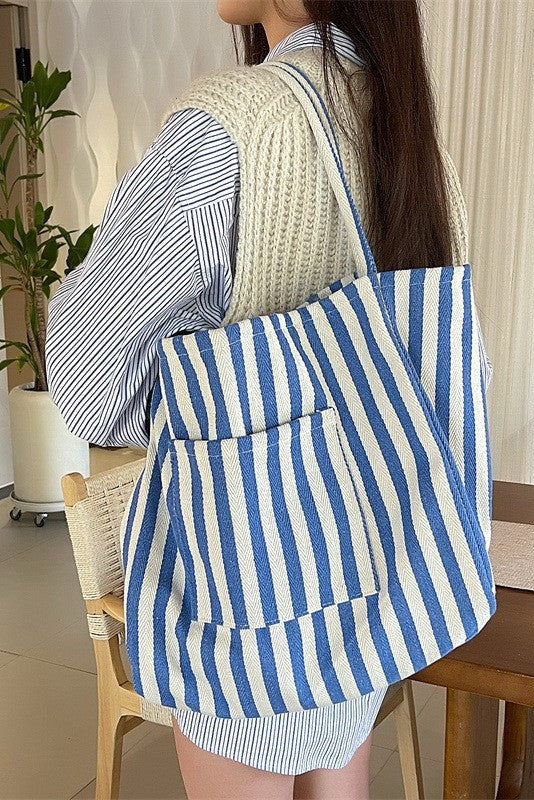 ORGANIC STRIPED TRENDING DOUBLE POCKET TOTE BAG | 40P561