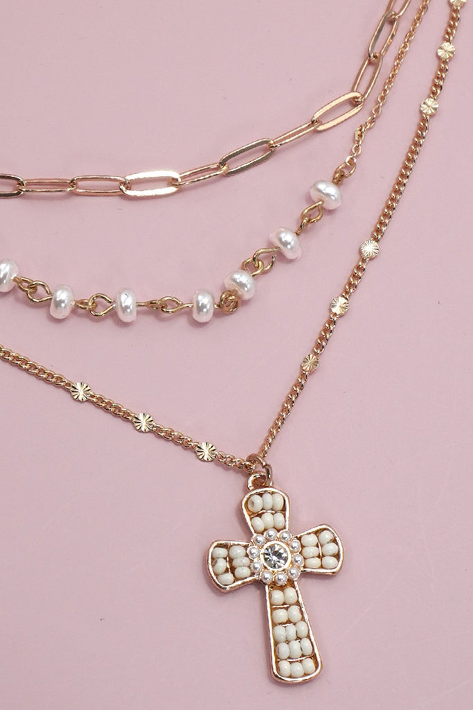 SEED BEAD CROSS MULTI LAYER NECKLACE | 80N91661