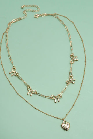 DOUBLE LAYER MULTI BOW WITH HEART CHARM NECKLACE | 80N91660