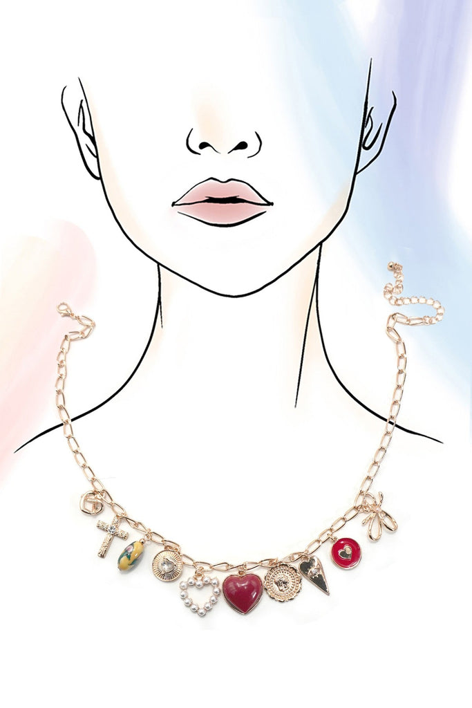 CHARM NECKLACE-BOW TOILE FLORAL RED HEART CROSS | 80N91655