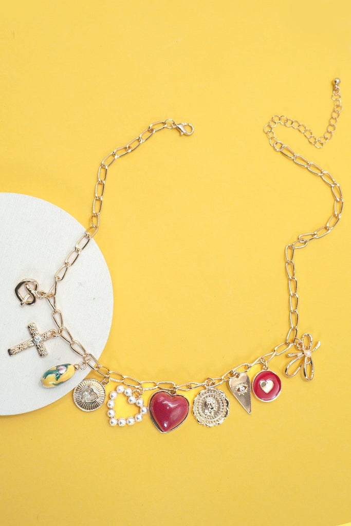 CHARM NECKLACE-BOW TOILE FLORAL RED HEART CROSS | 80N91655