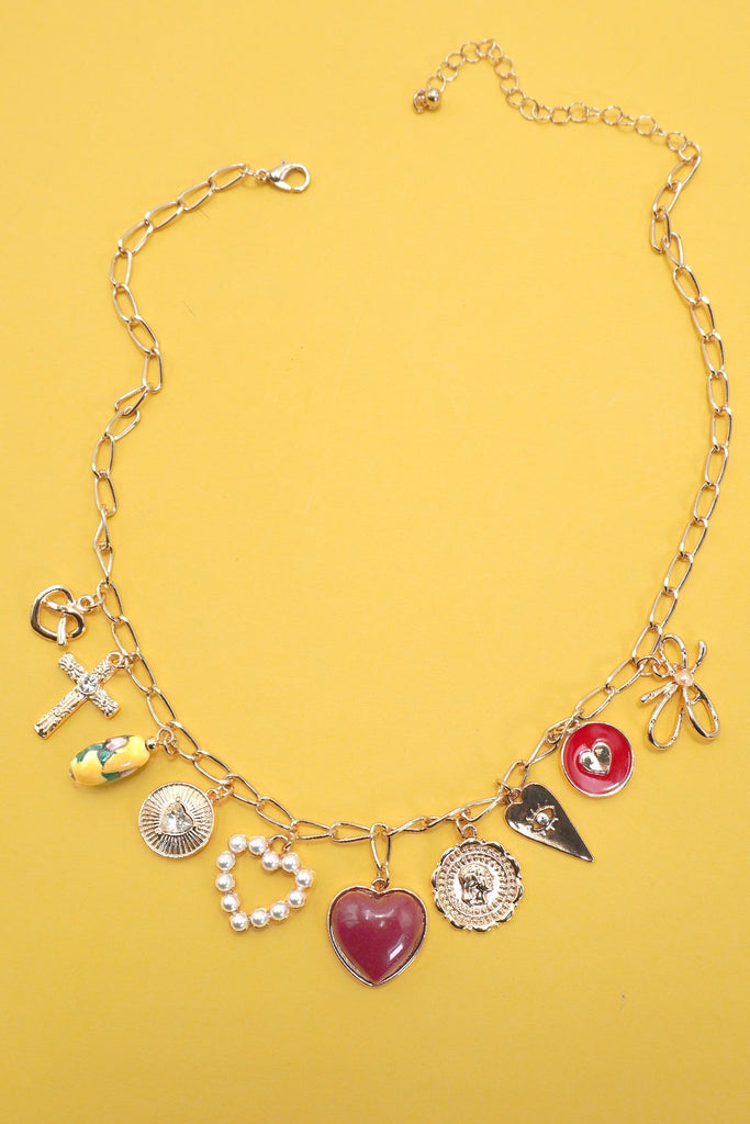 CHARM NECKLACE-BOW TOILE FLORAL RED HEART CROSS | 80N91655