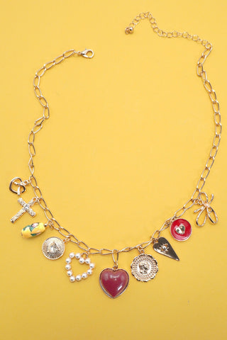 CHARM NECKLACE-BOW TOILE FLORAL RED HEART CROSS | 80N91655