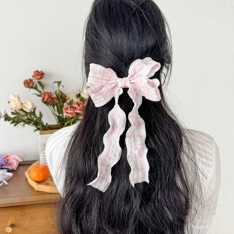PRETTY TEXTURED CHECKER BOW RIBBON HAIR CLIPS | 40H925